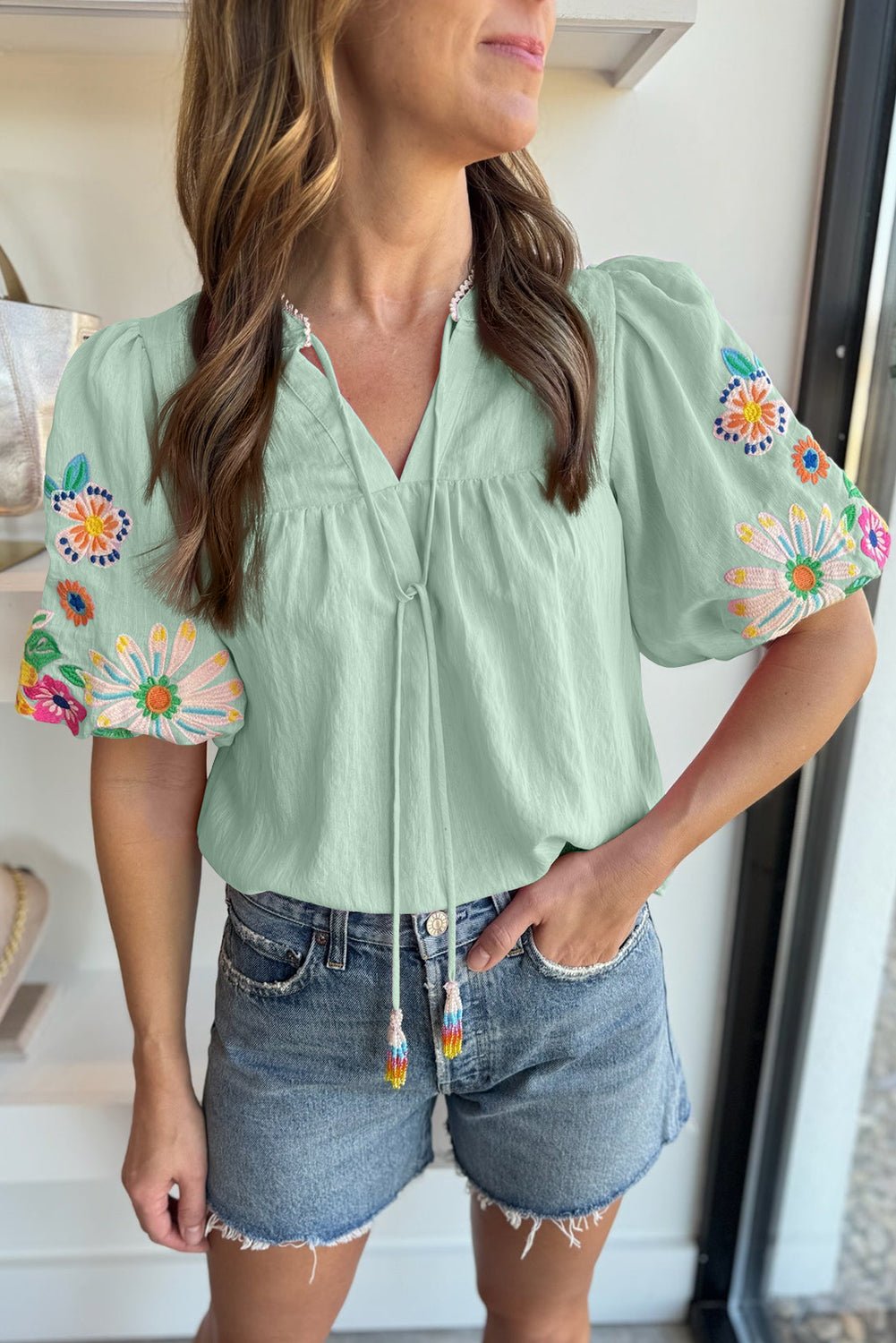 Beau Blue Floral Embroidered Puff Sleeve Split Neck Blouse - MAD RUFFI