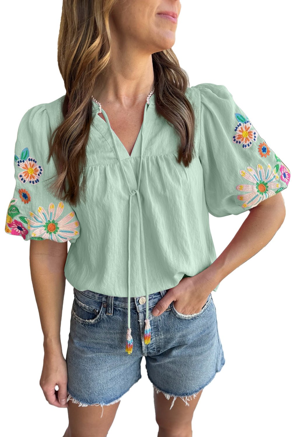 Beau Blue Floral Embroidered Puff Sleeve Split Neck Blouse - MAD RUFFI