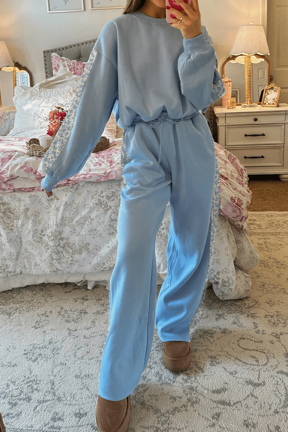 Beau Blue Floral Patchwork Drop Shoulder Pullover and Sweatpants Lounge Set - MAD RUFFI