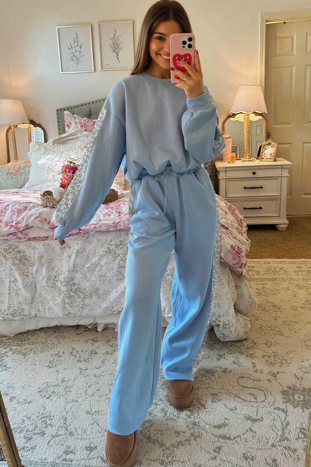 Beau Blue Floral Patchwork Drop Shoulder Pullover and Sweatpants Lounge Set - MAD RUFFI
