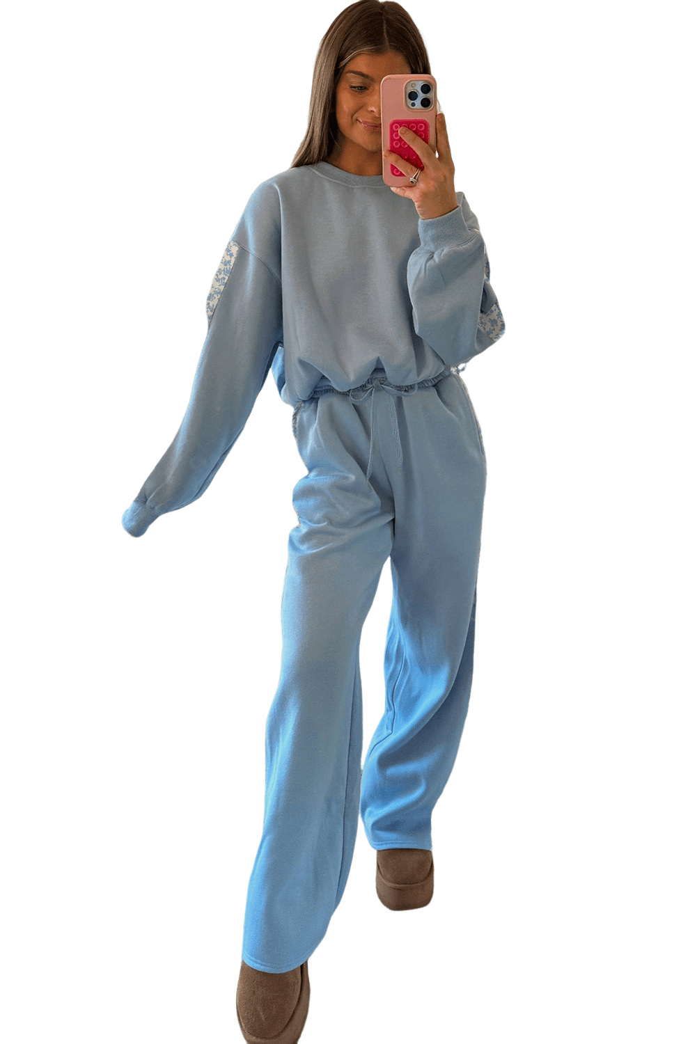 Beau Blue Floral Patchwork Drop Shoulder Pullover and Sweatpants Lounge Set - MAD RUFFI