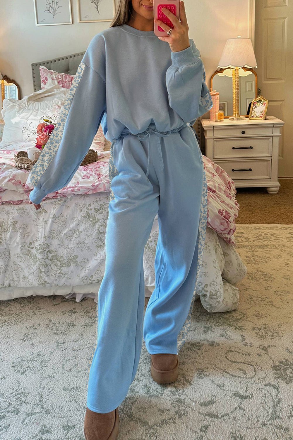 Beau Blue Floral Patchwork Drop Shoulder Pullover and Sweatpants Lounge Set - MAD RUFFI