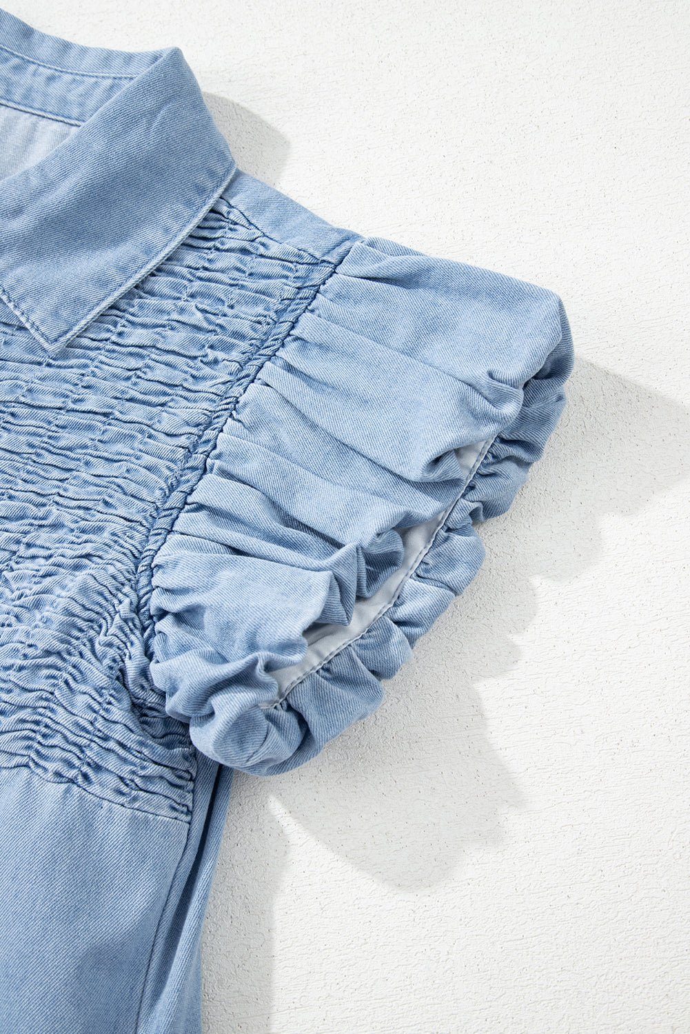 Beau Blue Flutter Sleeve Shirred Button Up Denim Mini Dress - MAD RUFFI
