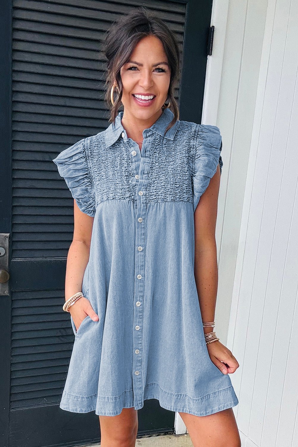 Beau Blue Flutter Sleeve Shirred Button Up Denim Mini Dress - MAD RUFFI