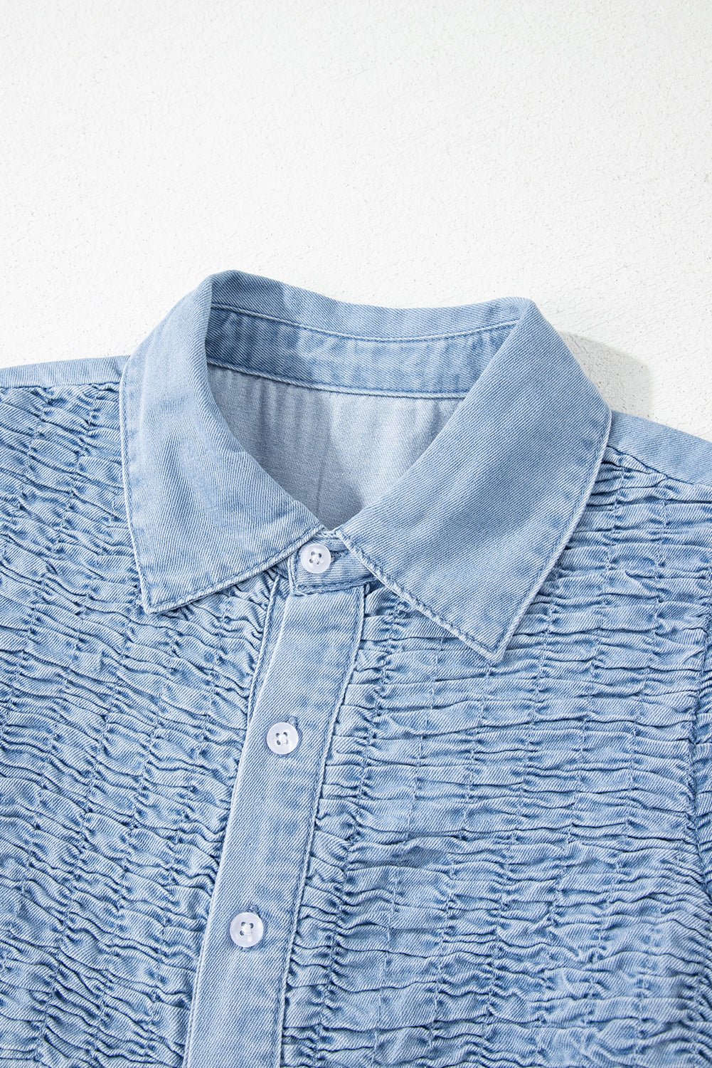 Beau Blue Flutter Sleeve Shirred Button Up Denim Mini Dress - MAD RUFFI