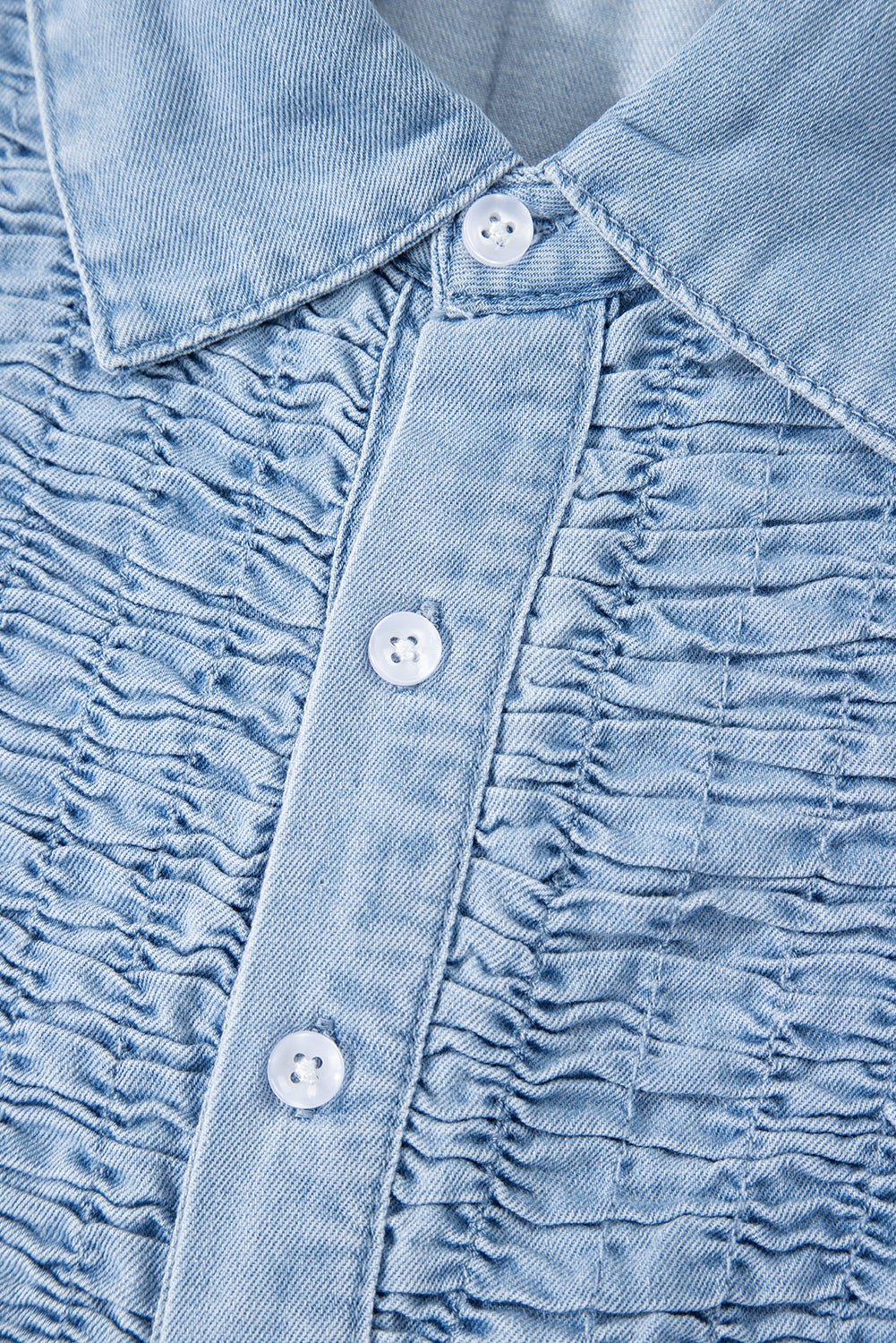 Beau Blue Flutter Sleeve Shirred Button Up Denim Mini Dress - MAD RUFFI