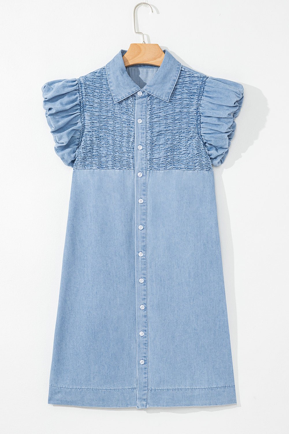 Beau Blue Flutter Sleeve Shirred Button Up Denim Mini Dress - MAD RUFFI
