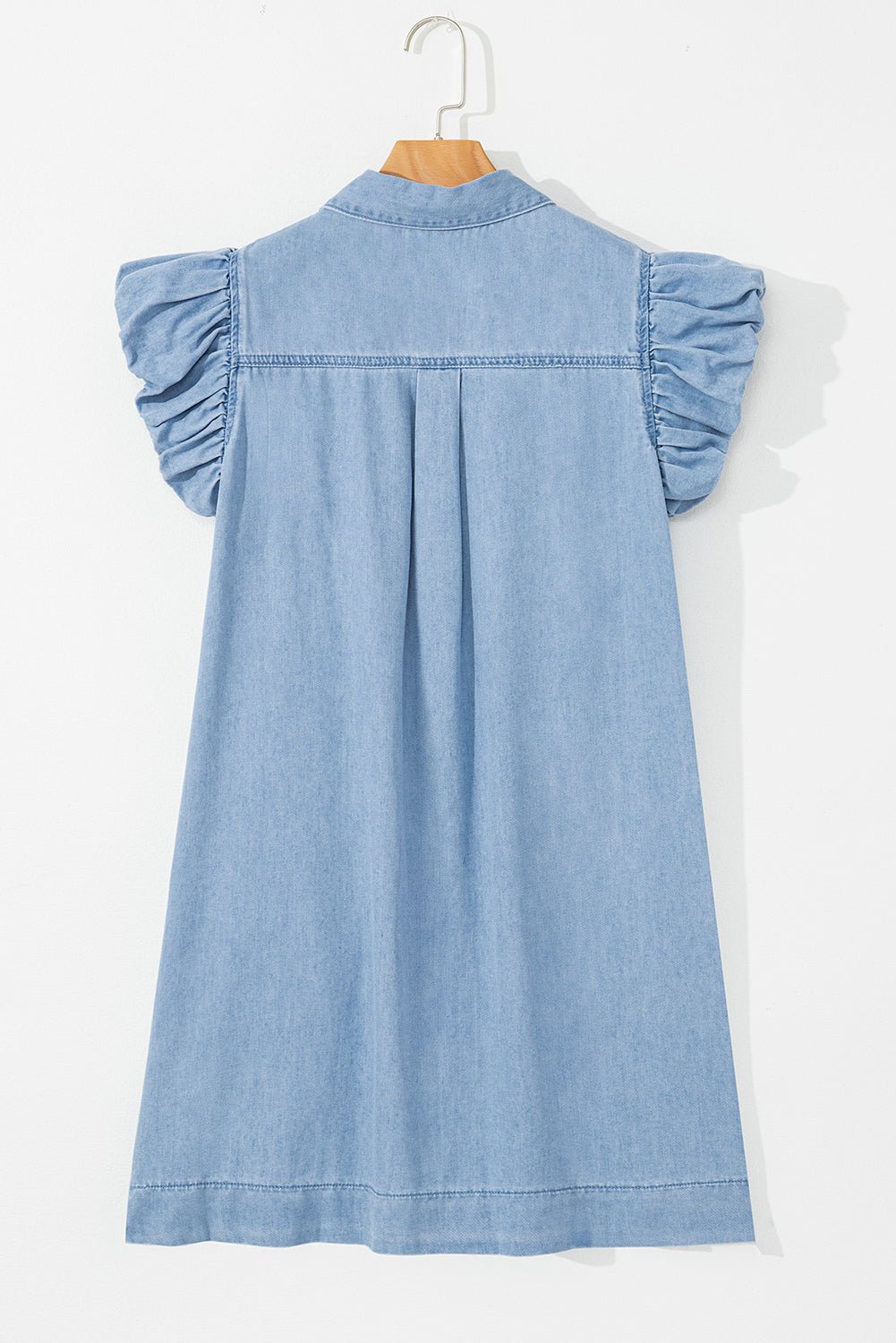 Beau Blue Flutter Sleeve Shirred Button Up Denim Mini Dress - MAD RUFFI