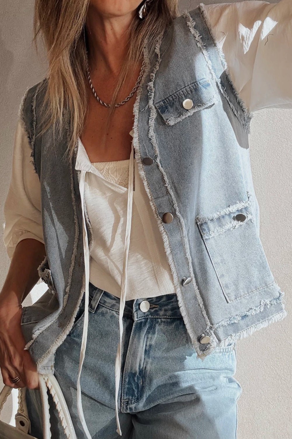 Beau Blue Frayed Edge Flap Pockets Denim Vest Jacket - MAD RUFFI