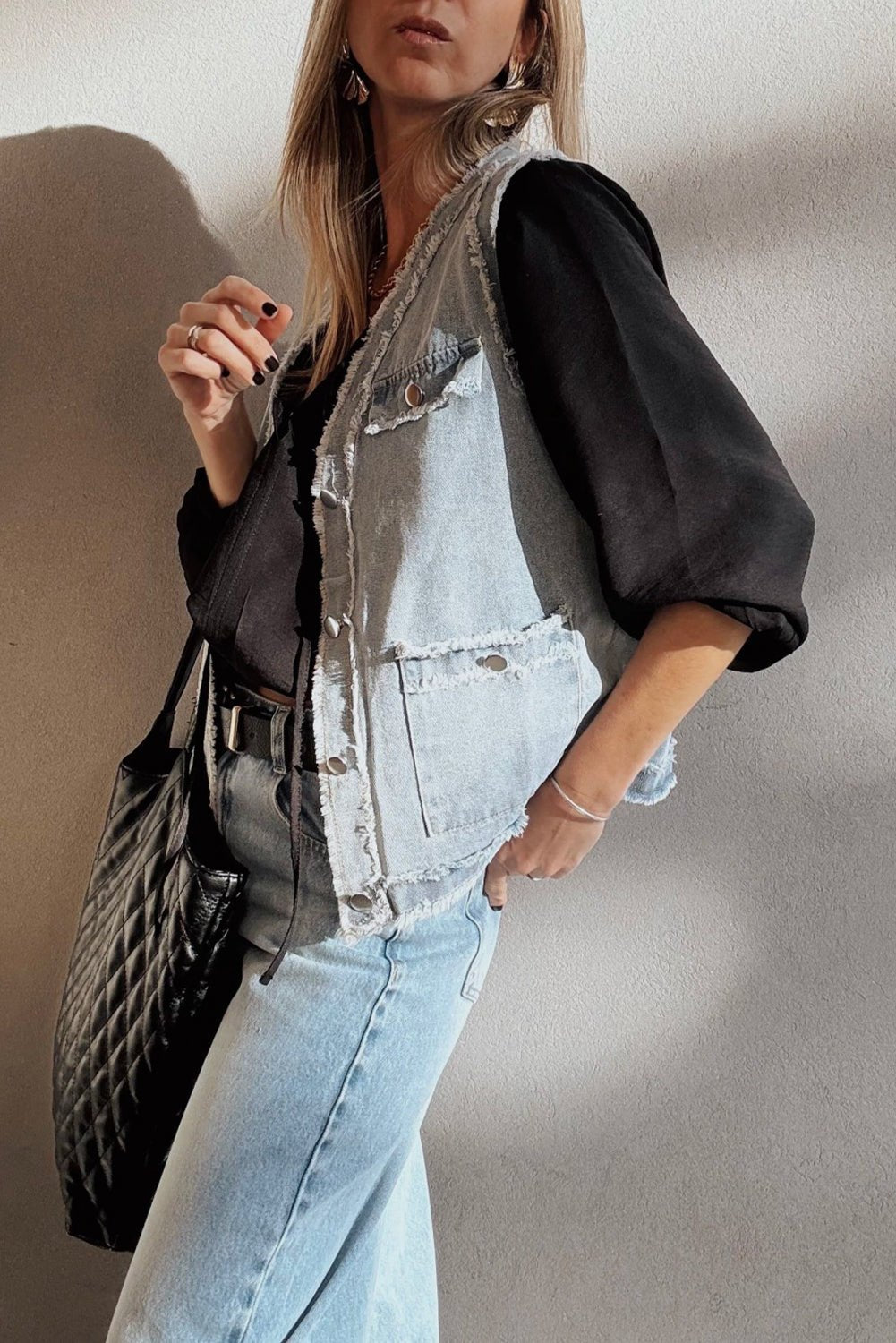 Beau Blue Frayed Edge Flap Pockets Denim Vest Jacket - MAD RUFFI