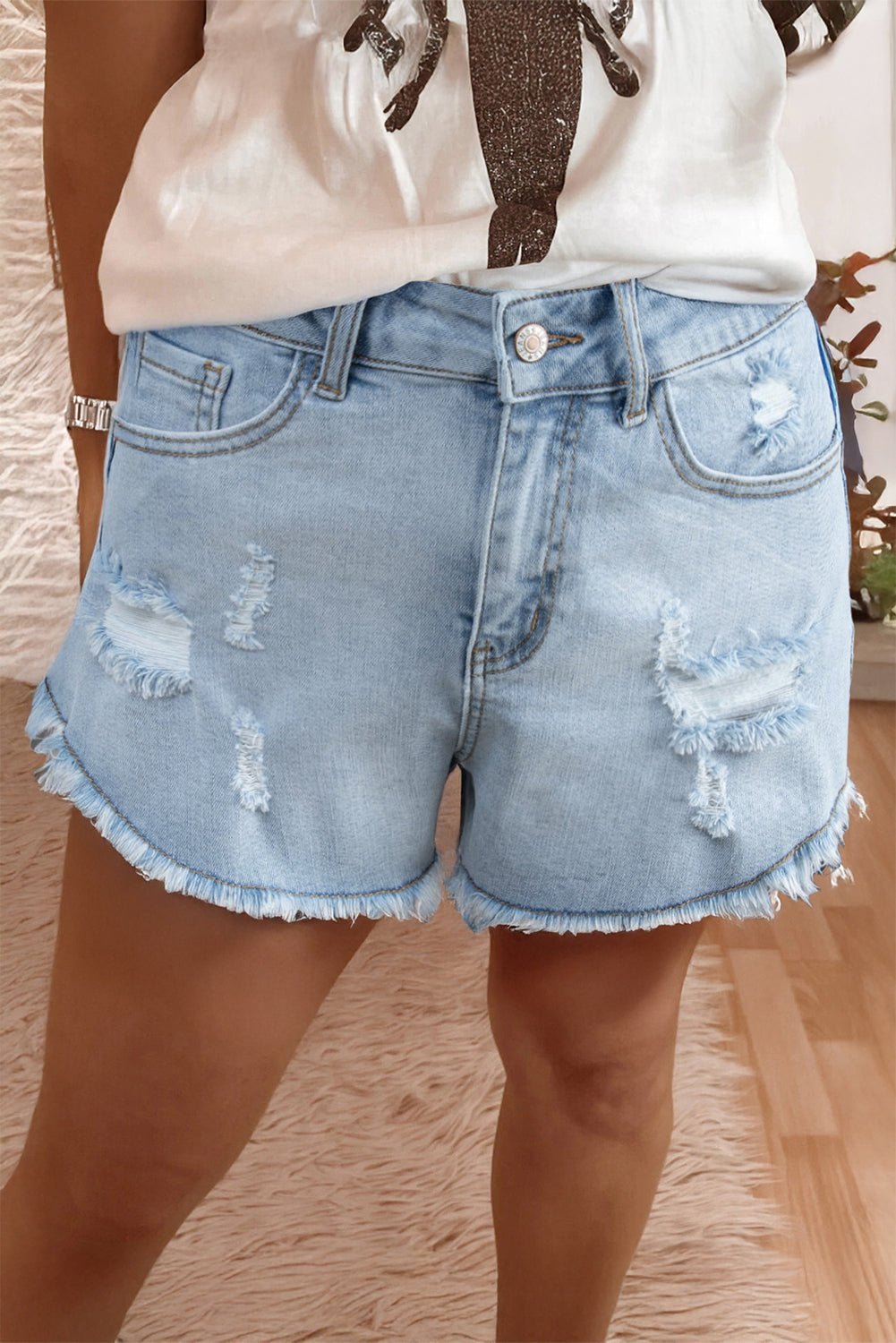 Beau Blue High Rise Distressed Raw Hem Denim Shorts - MAD RUFFI