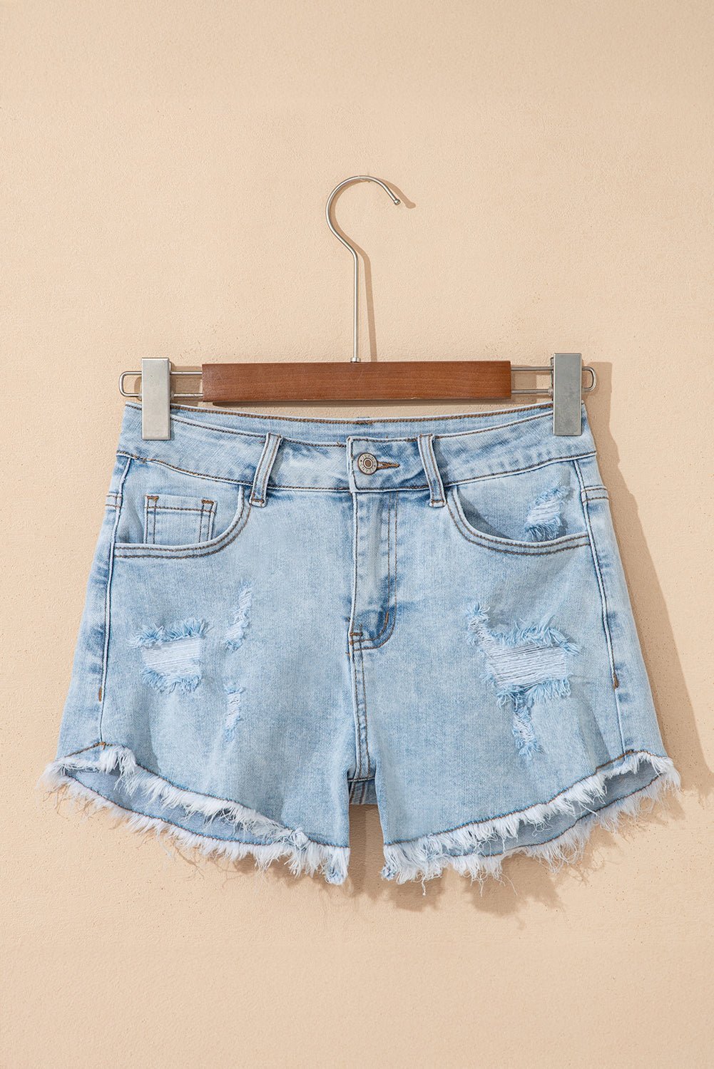 Beau Blue High Rise Distressed Raw Hem Denim Shorts - MAD RUFFI