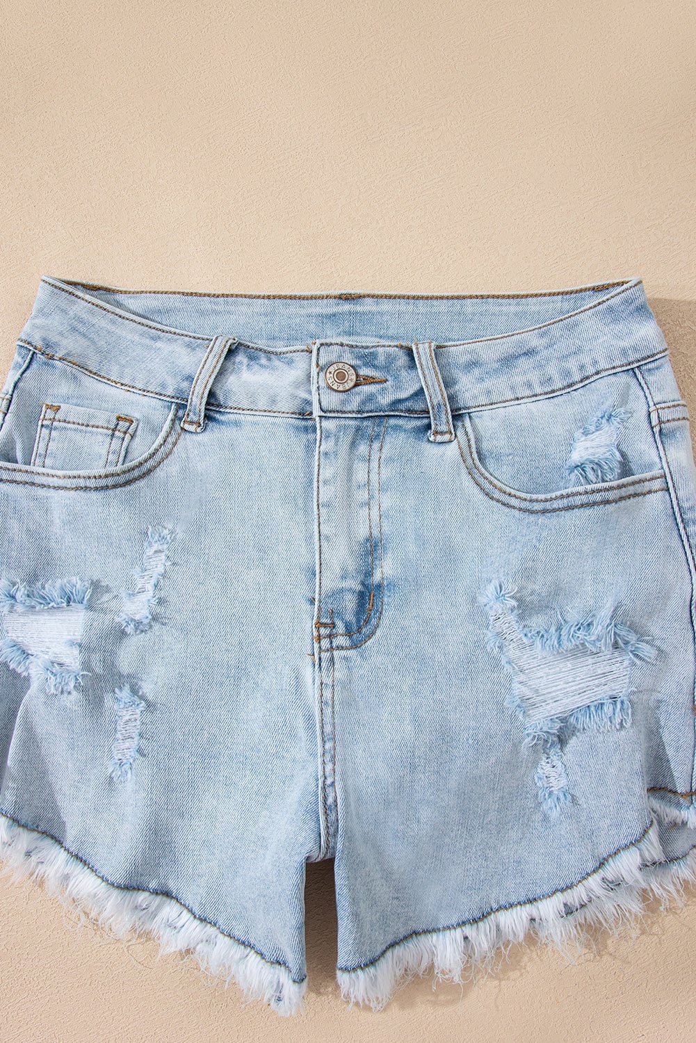 Beau Blue High Rise Distressed Raw Hem Denim Shorts - MAD RUFFI