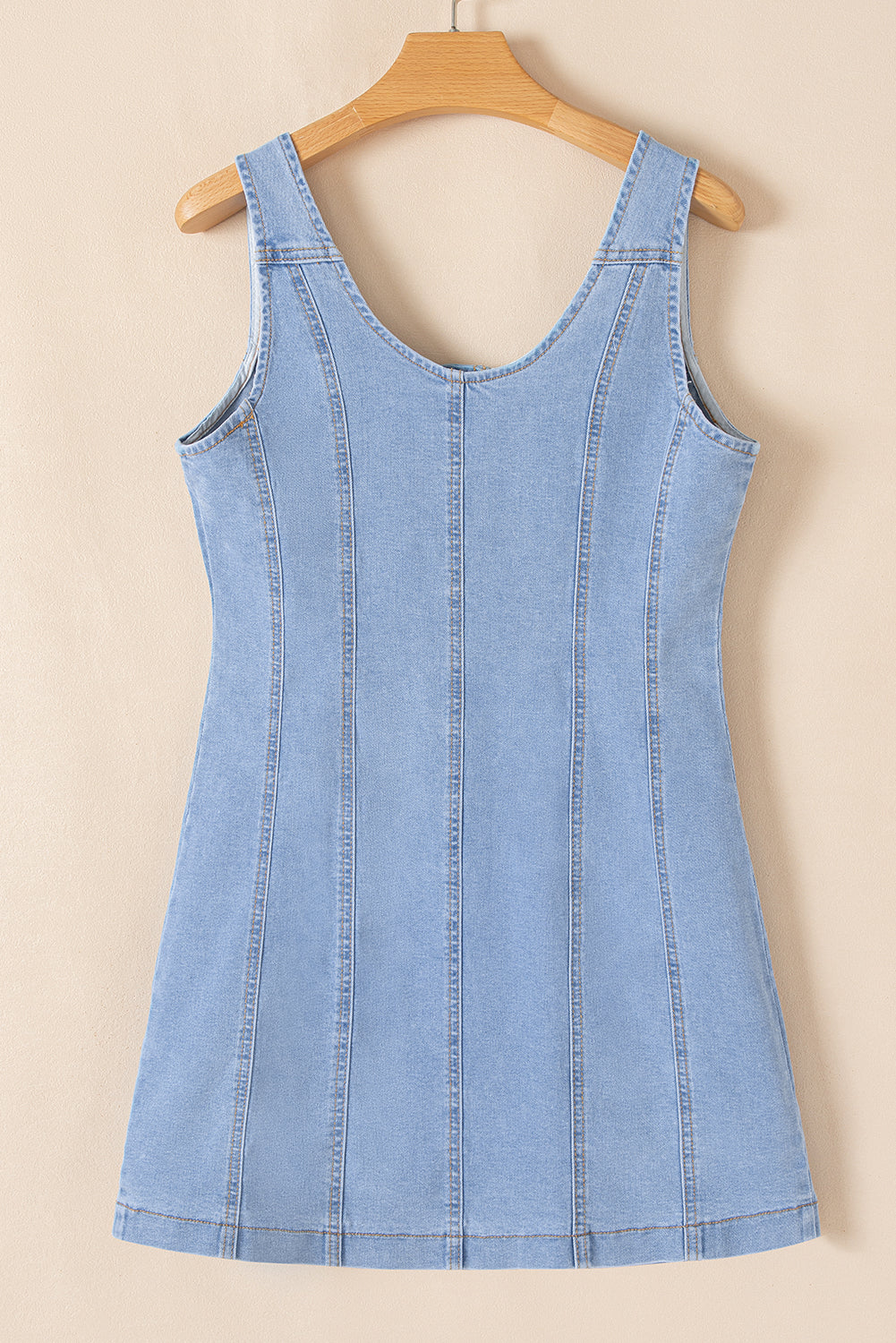 Beau Blue Light Wash Denim Sleeveless Slim Mini Dress with Buttoned Front and Chest Pockets | Sexy Bodycon Summer Dress for Women