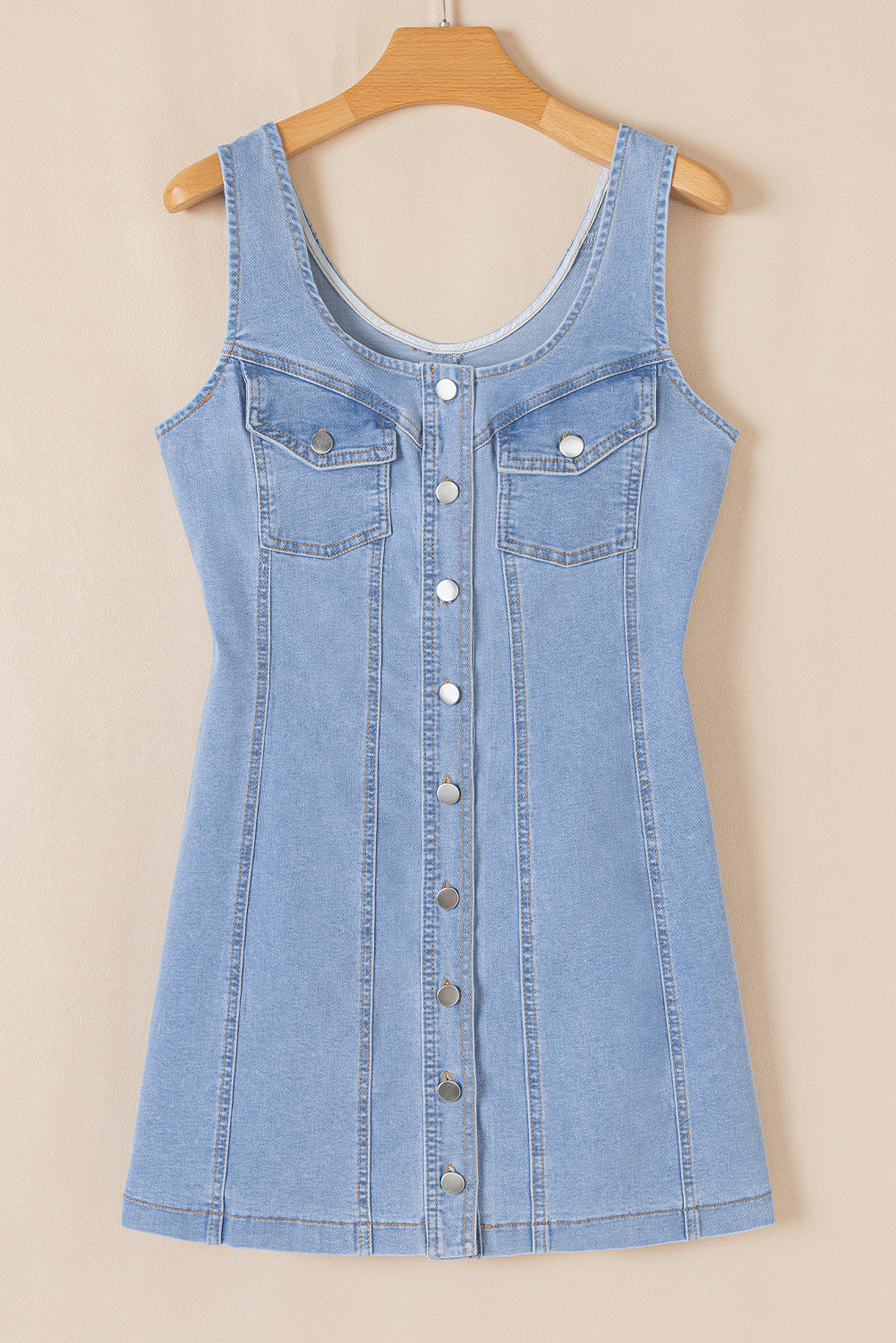 Beau Blue Light Wash Denim Sleeveless Slim Mini Dress with Buttoned Front and Chest Pockets | Sexy Bodycon Summer Dress for Women