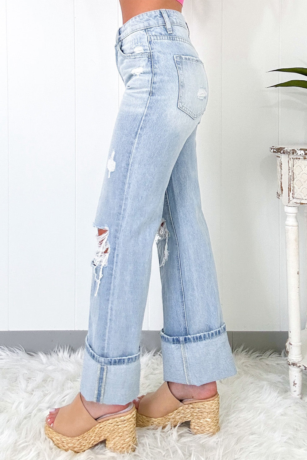 Beau Blue Light Wash Distressed Flare Jeans - MAD RUFFI