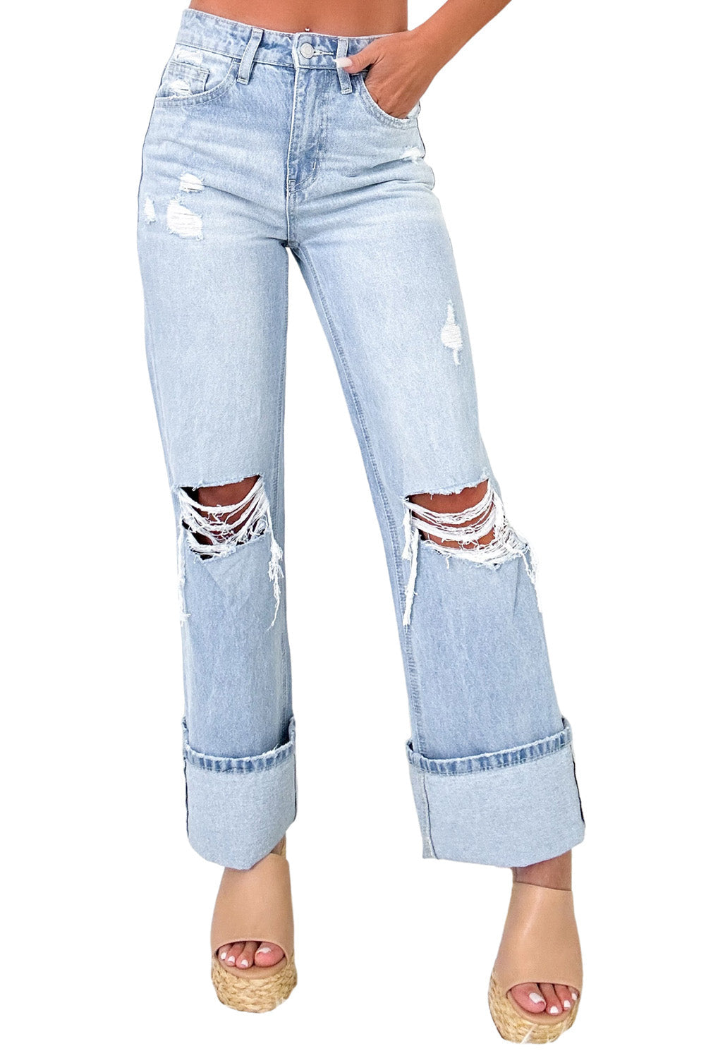 Beau Blue Light Wash Distressed Flare Jeans - MAD RUFFI