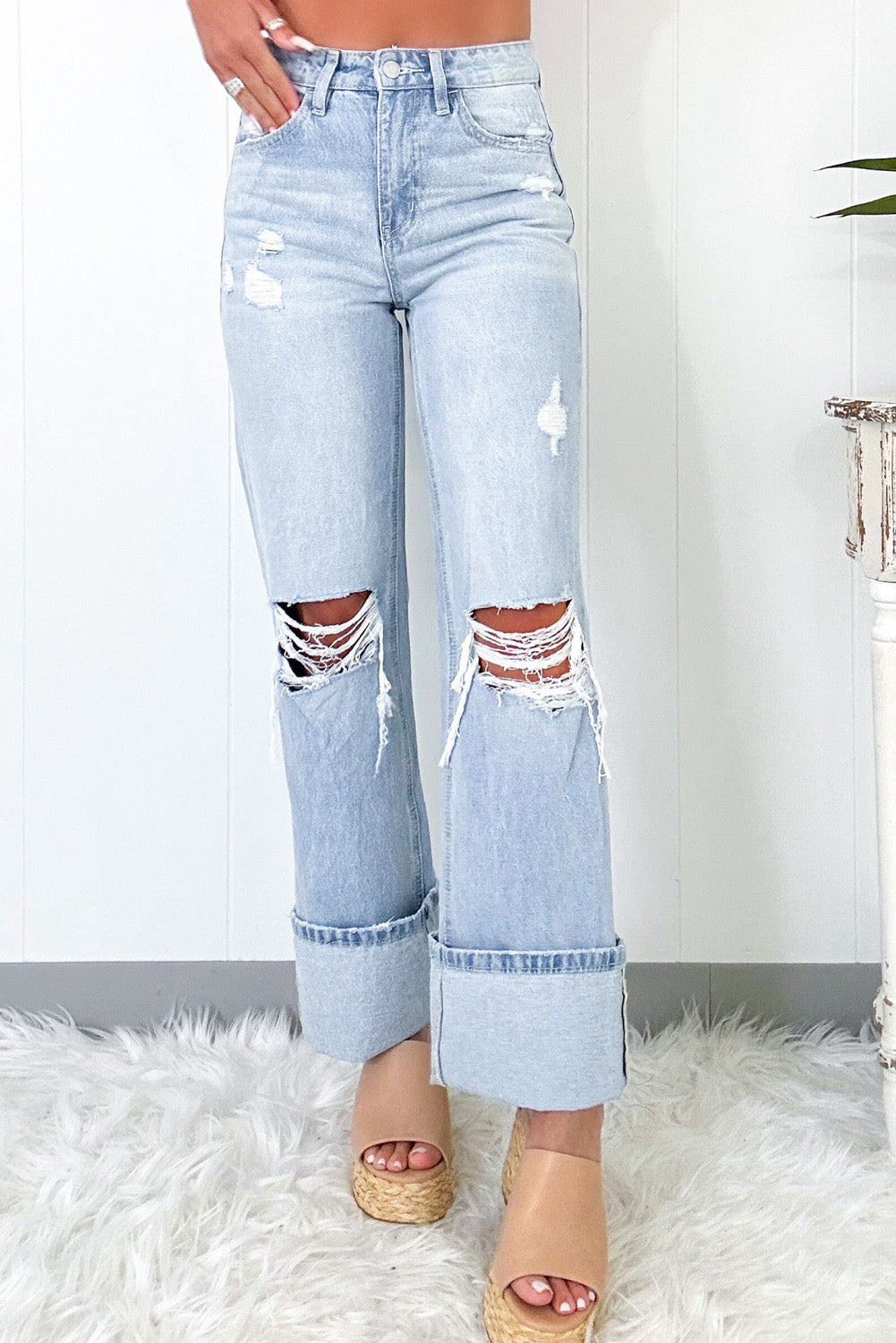 Beau Blue Light Wash Distressed Flare Jeans - MAD RUFFI