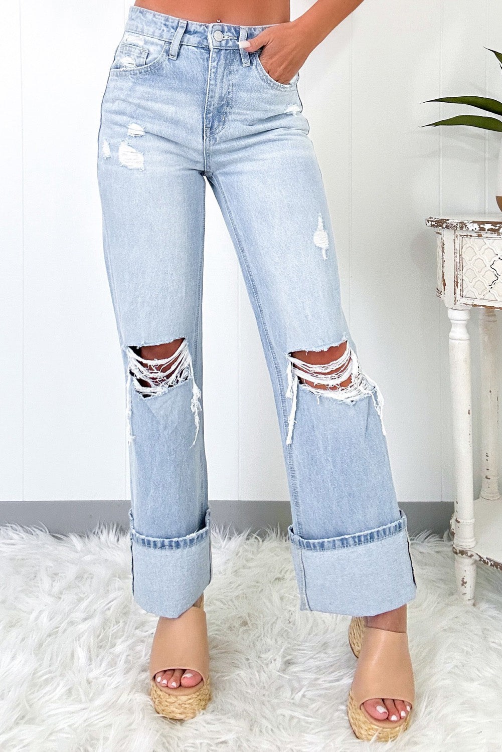 Beau Blue Light Wash Distressed Flare Jeans - MAD RUFFI