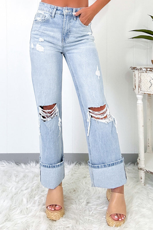 Beau Blue Light Wash Distressed Flare Jeans - MAD RUFFI