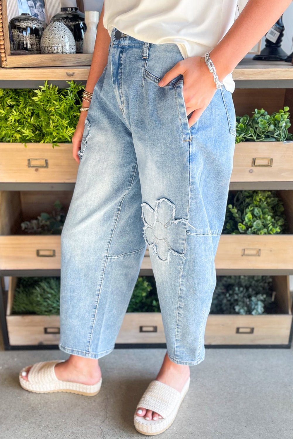 Beau Blue Light Wash Floral Pocketed High Waist Jeans - MAD RUFFI