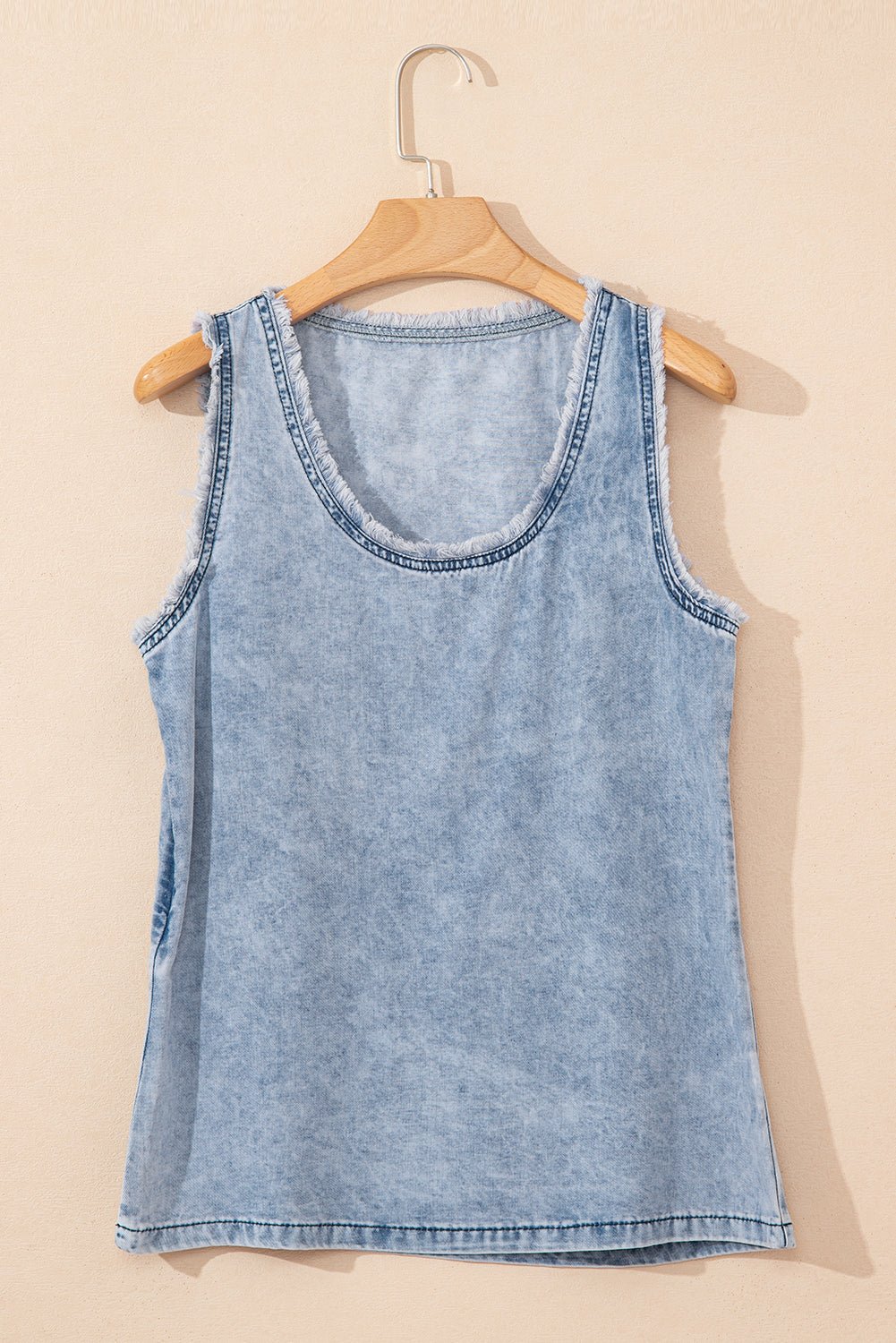 Beau Blue Mineral Wash Denim Frayed U Neck Sleeveless Top - MAD RUFFI