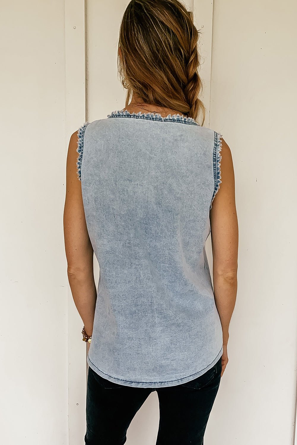 Beau Blue Mineral Wash Denim Frayed U Neck Sleeveless Top - MAD RUFFI