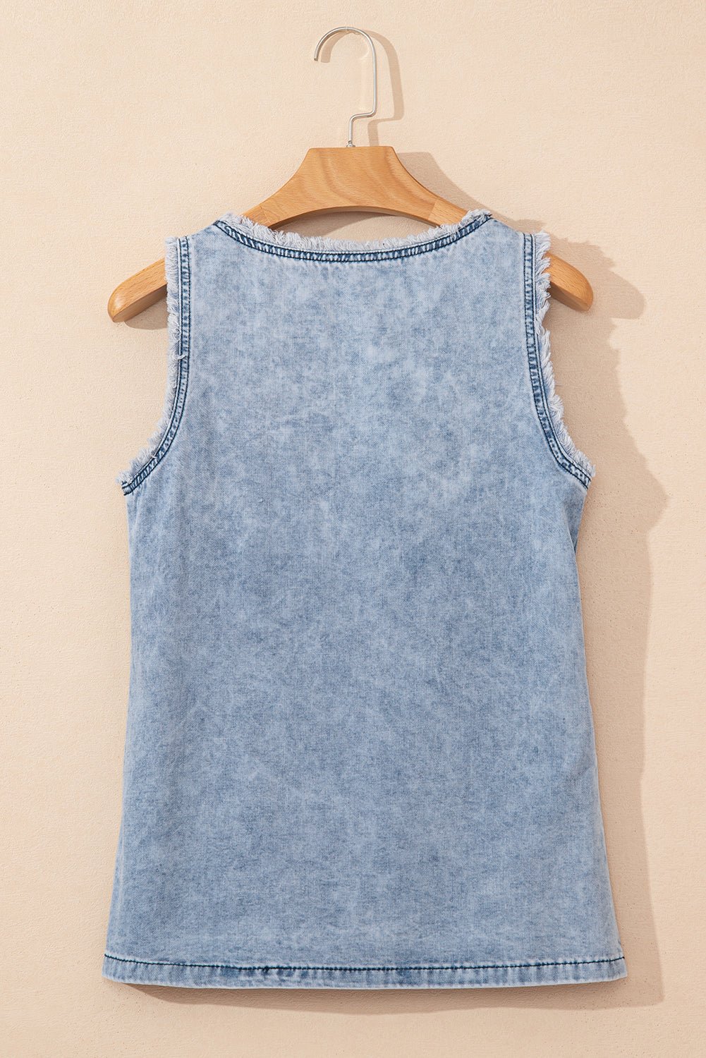 Beau Blue Mineral Wash Denim Frayed U Neck Sleeveless Top - MAD RUFFI