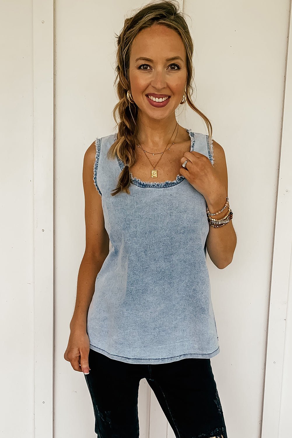 Beau Blue Mineral Wash Denim Frayed U Neck Sleeveless Top - MAD RUFFI