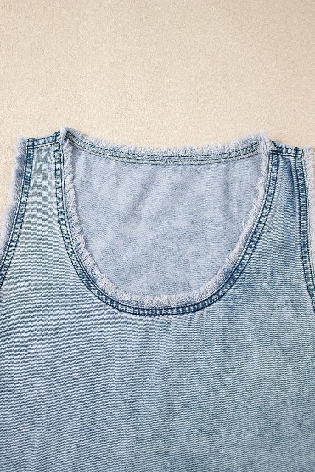 Beau Blue Mineral Wash Denim Frayed U Neck Sleeveless Top - MAD RUFFI
