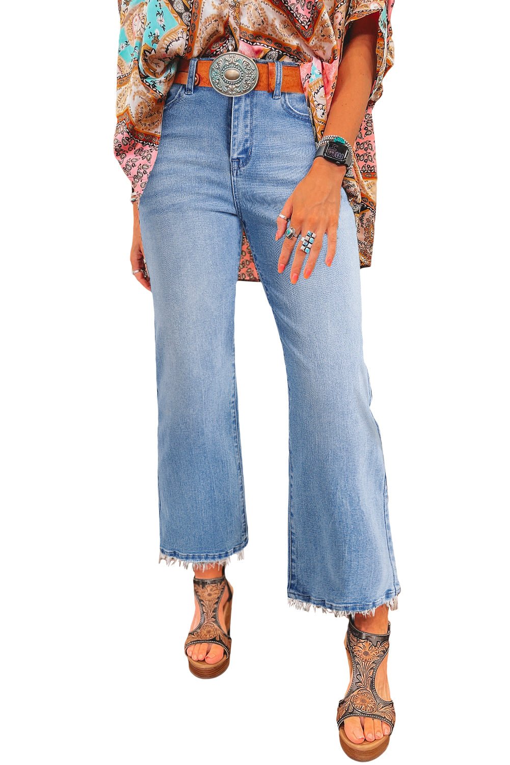 Beau Blue Mineral Wash Raw Hem High Waist Flared Jeans - MAD RUFFI