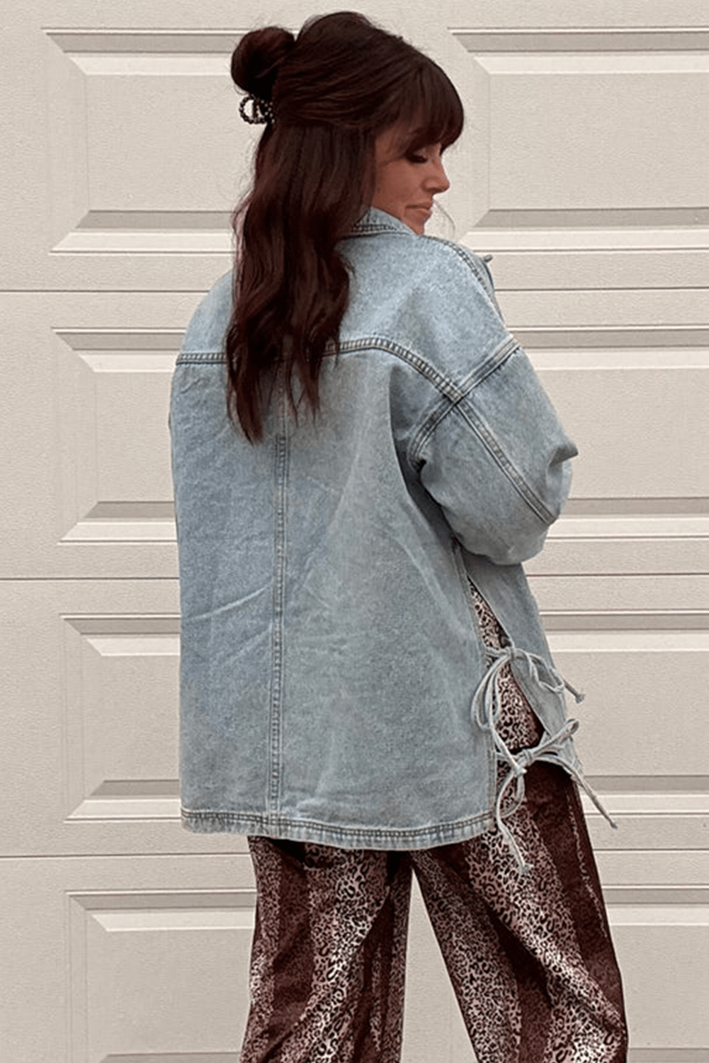 Beau Blue Multi Patched Pockets Side Tie up Boyfriend Style Denim Jacket - MAD RUFFI