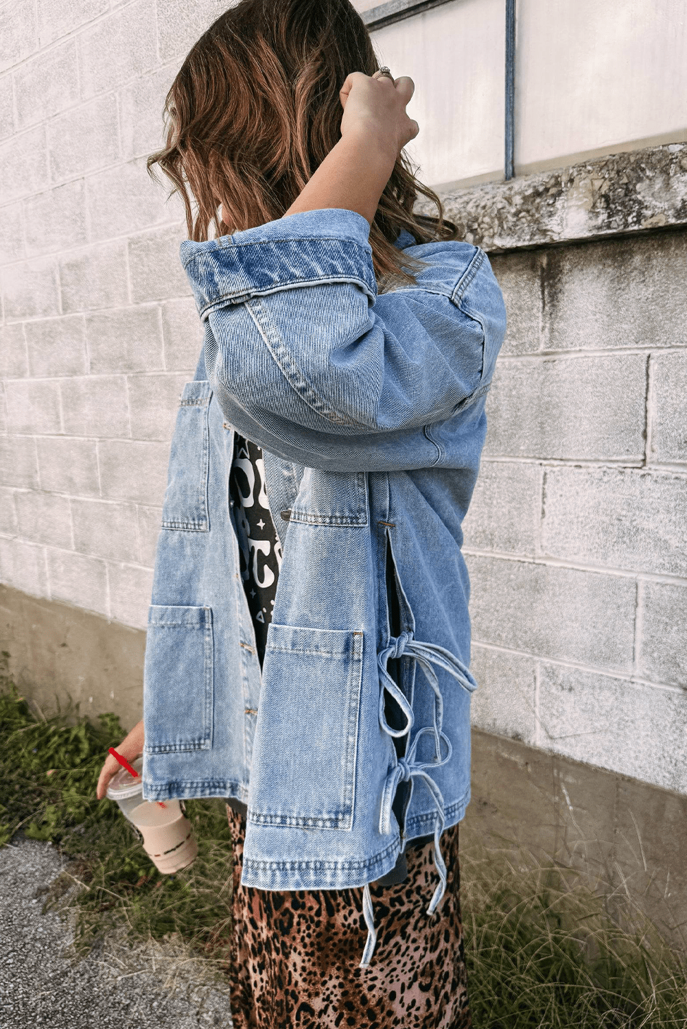Beau Blue Multi Patched Pockets Side Tie up Boyfriend Style Denim Jacket - MAD RUFFI