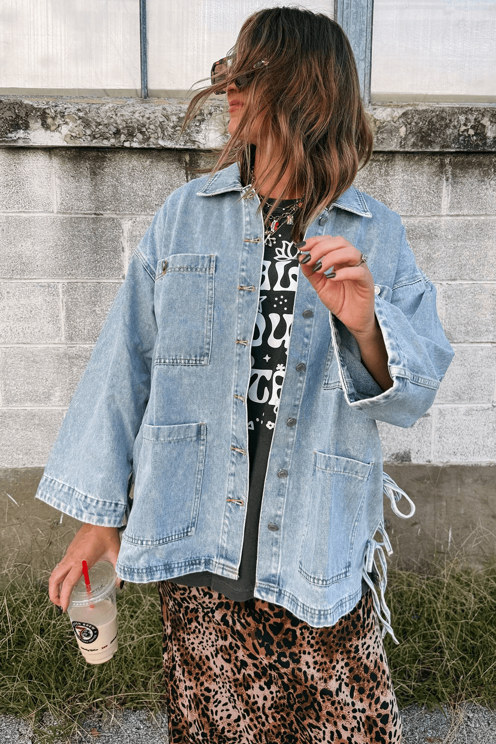 Beau Blue Multi Patched Pockets Side Tie up Boyfriend Style Denim Jacket - MAD RUFFI