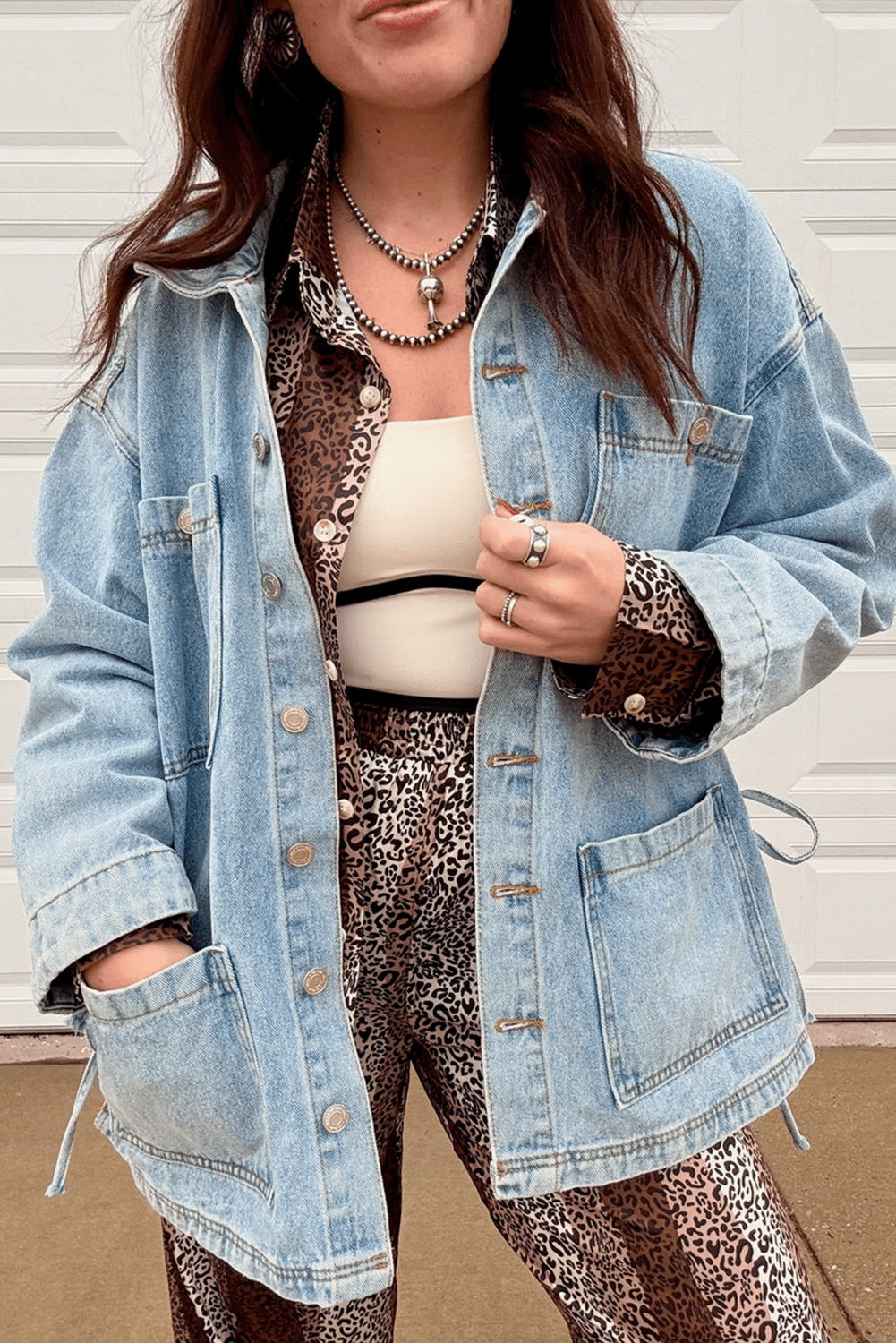 Beau Blue Multi Patched Pockets Side Tie up Boyfriend Style Denim Jacket - MAD RUFFI