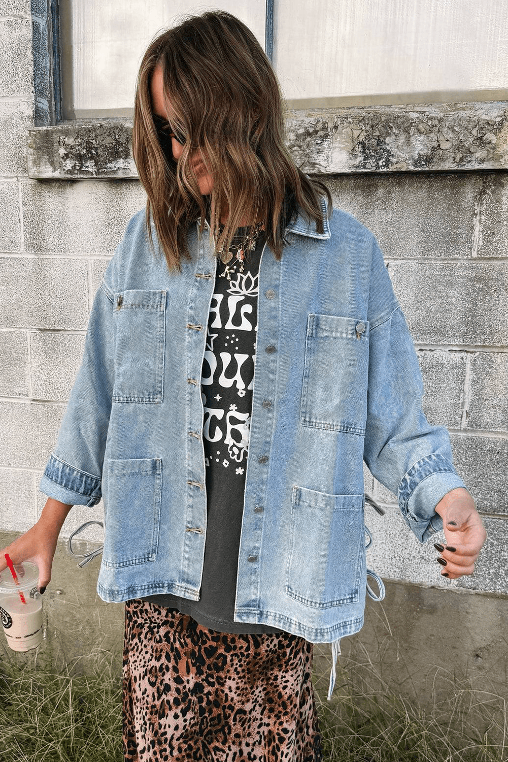 Beau Blue Multi Patched Pockets Side Tie up Boyfriend Style Denim Jacket - MAD RUFFI