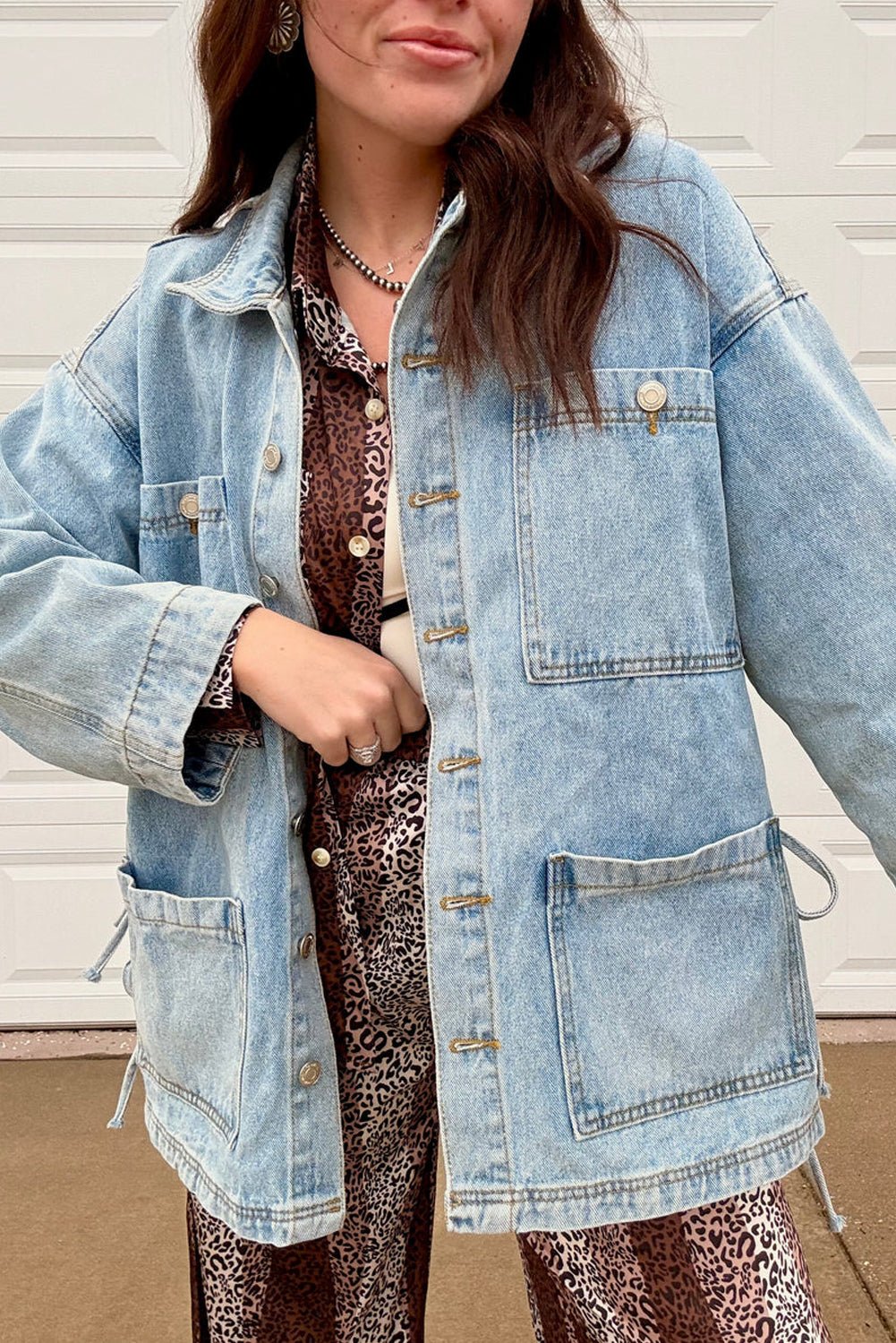 Beau Blue Multi Patched Pockets Side Tie up Boyfriend Style Denim Jacket - MAD RUFFI