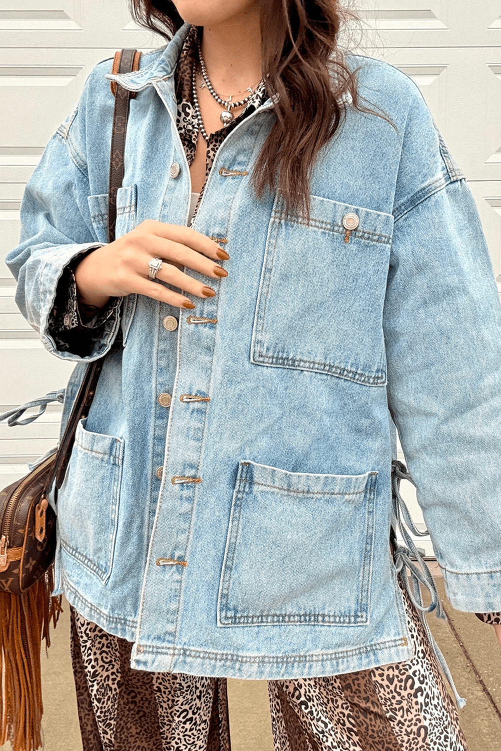 Beau Blue Multi Patched Pockets Side Tie up Boyfriend Style Denim Jacket - MAD RUFFI