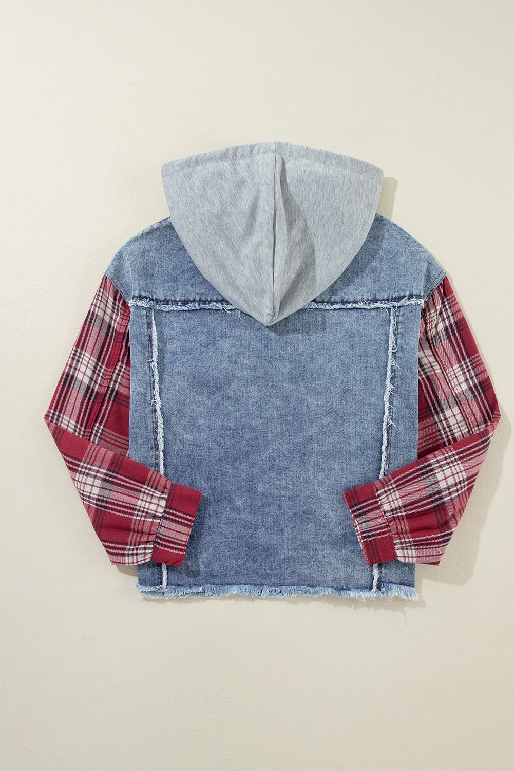 Beau Blue Plaid Print Patchwork Hooded Raw Hem Denim Jacket - MAD RUFFI