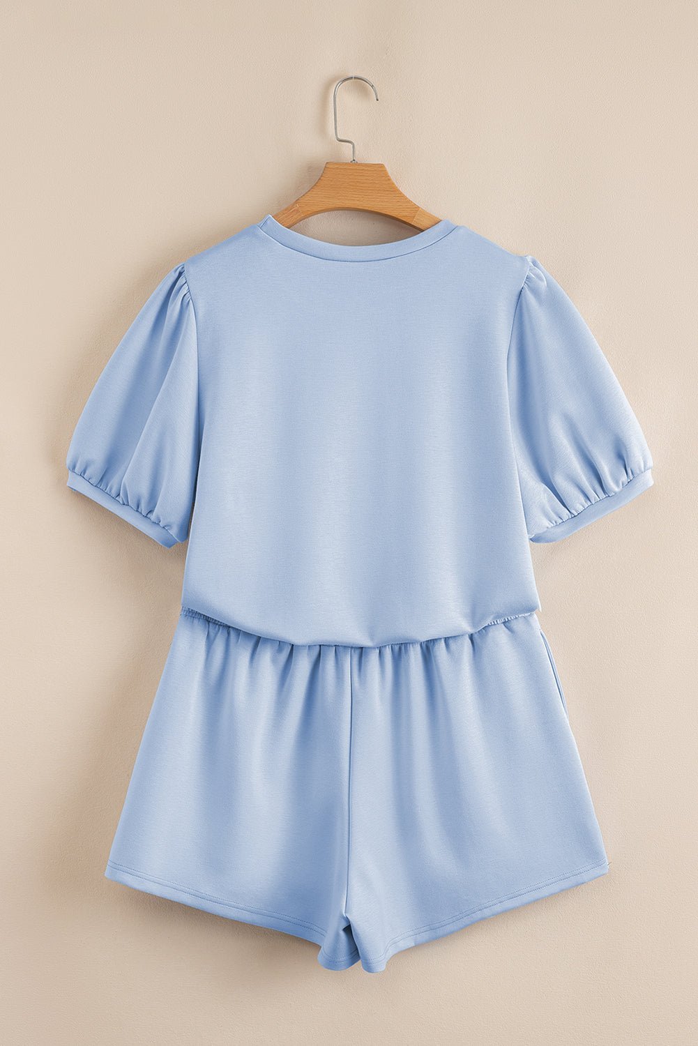 Beau Blue Puff Sleeve Pearl Embellished Scallop Hem 2 - Piece Shorts Set - MAD RUFFI