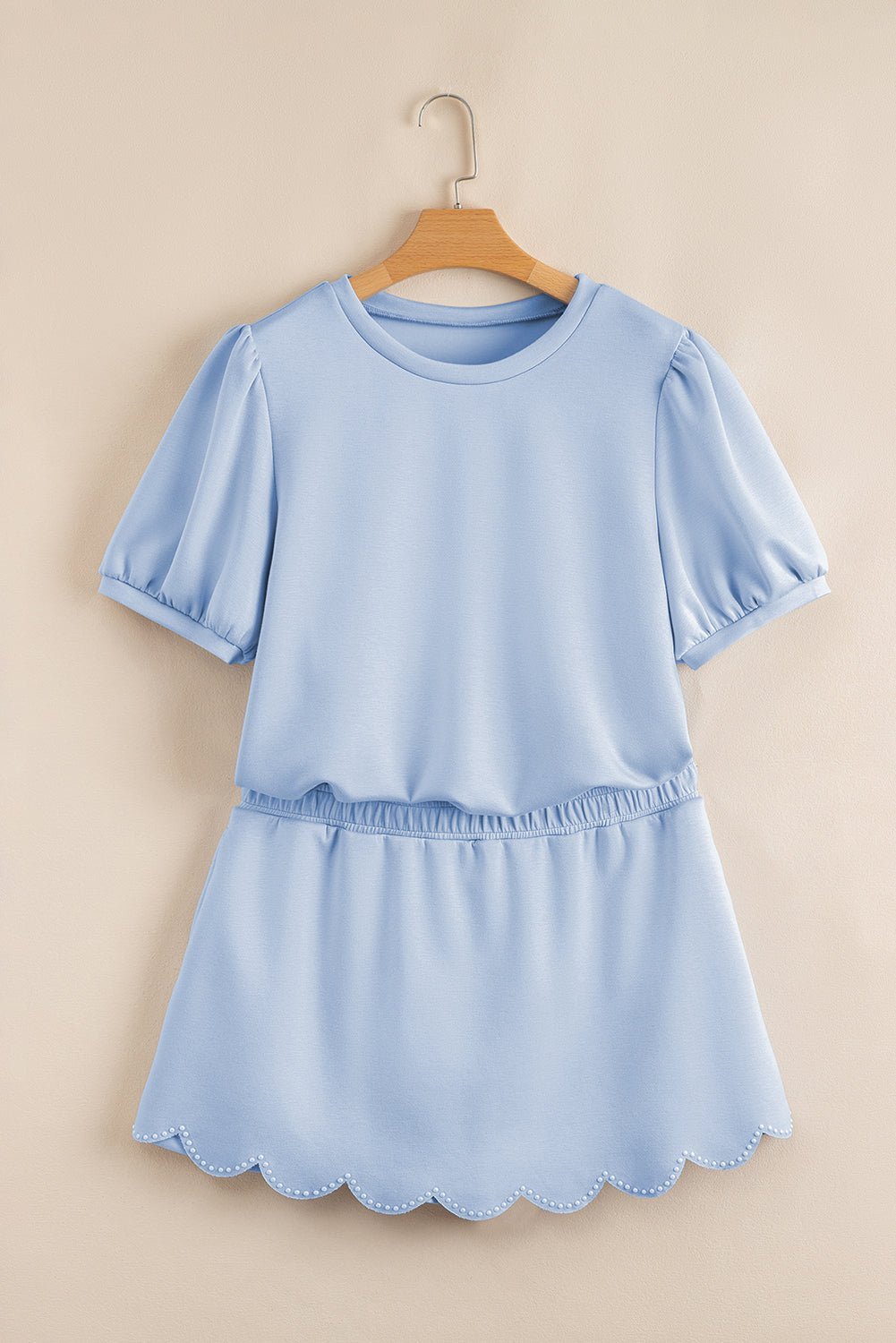 Beau Blue Puff Sleeve Pearl Embellished Scallop Hem 2 - Piece Shorts Set - MAD RUFFI