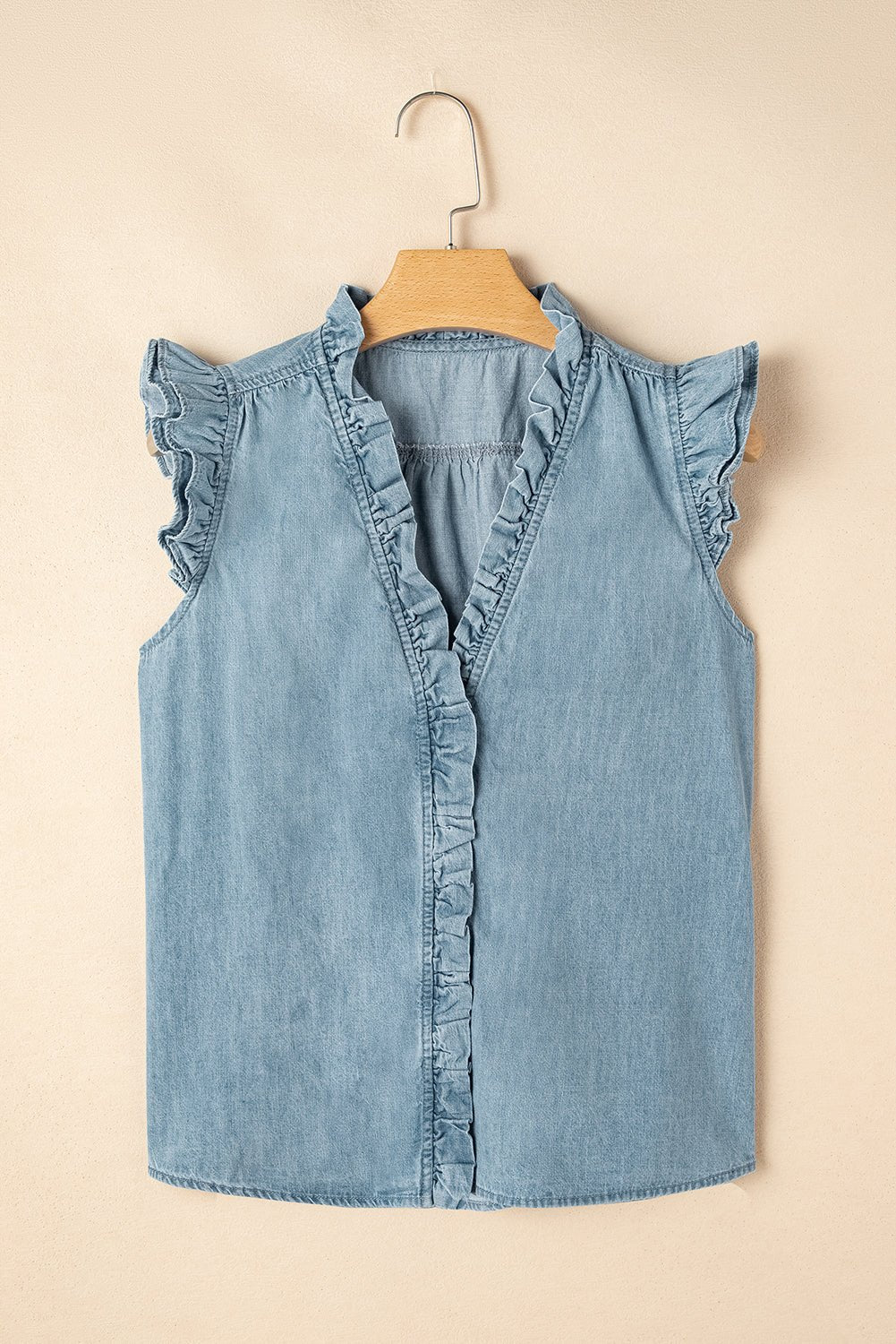 Beau Blue Ruffle V Neck Chambray Sleeveless Shirt - MAD RUFFI