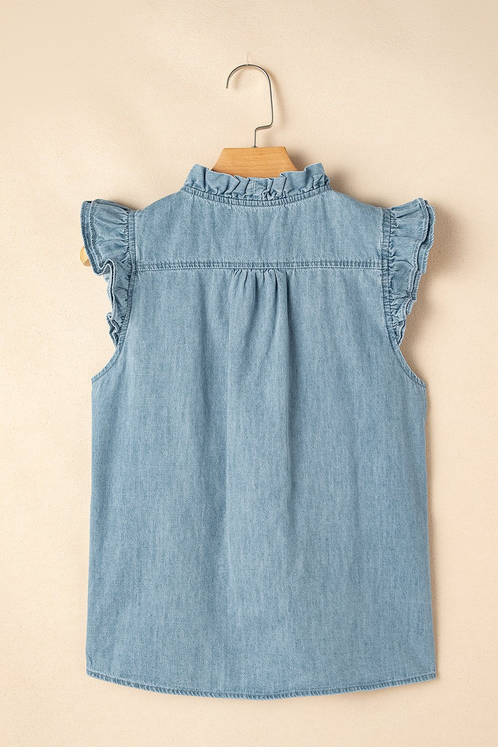 Beau Blue Ruffle V Neck Chambray Sleeveless Shirt - MAD RUFFI