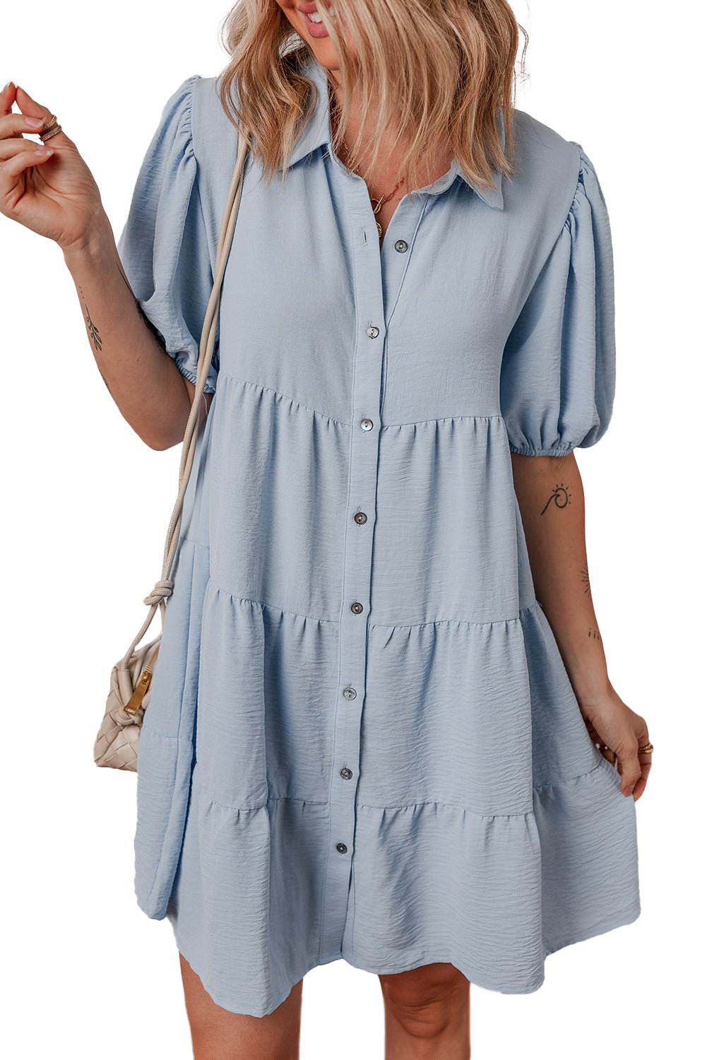 Beau Blue Shirt Collar Button Up Short Puff Sleeve Tiered Shift Dress - MAD RUFFI