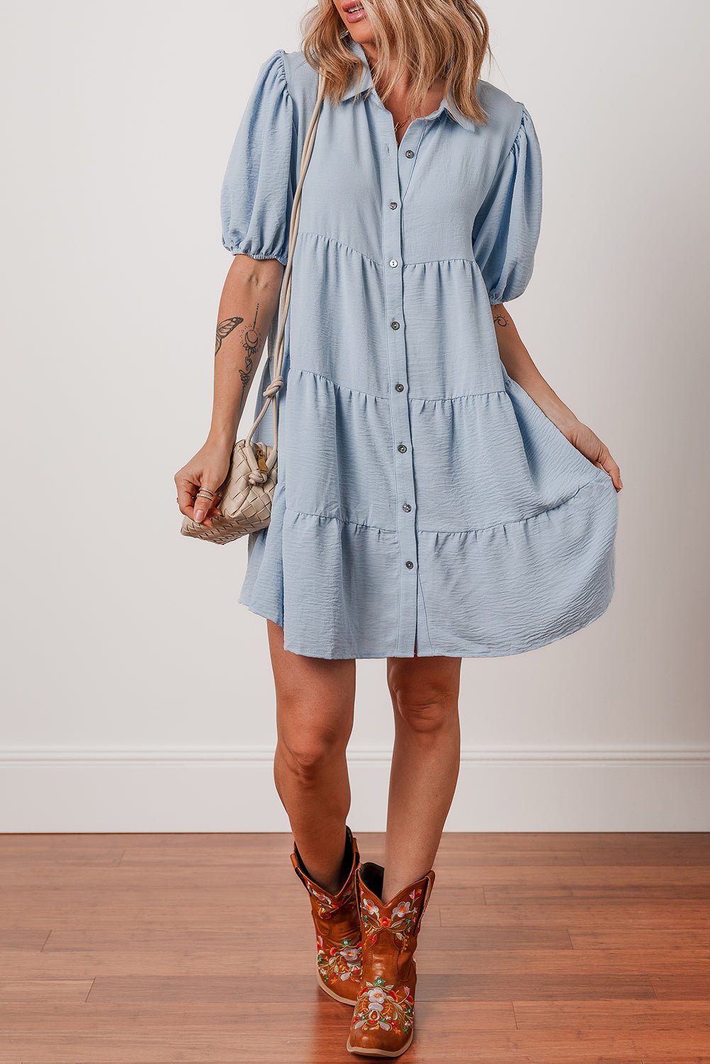 Beau Blue Shirt Collar Button Up Short Puff Sleeve Tiered Shift Dress - MAD RUFFI
