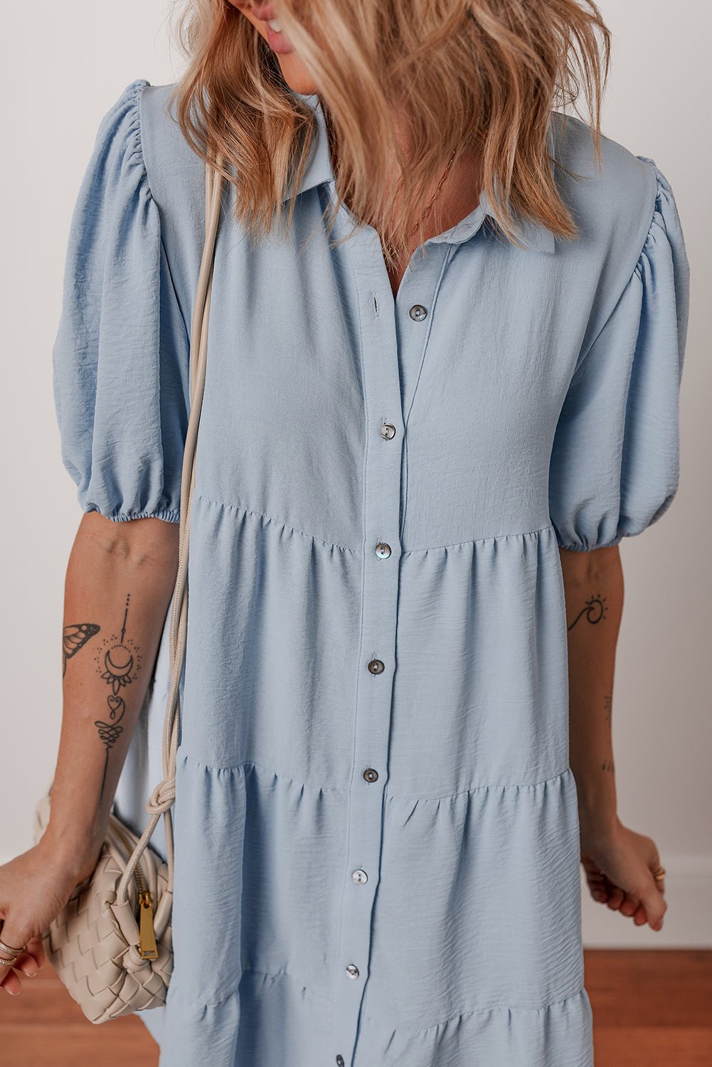 Beau Blue Shirt Collar Button Up Short Puff Sleeve Tiered Shift Dress - MAD RUFFI