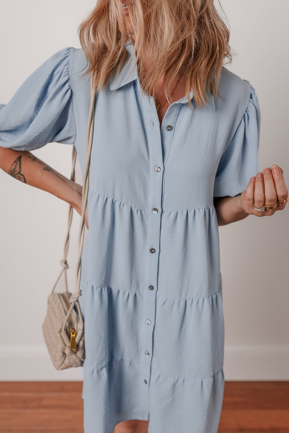 Beau Blue Shirt Collar Button Up Short Puff Sleeve Tiered Shift Dress - MAD RUFFI