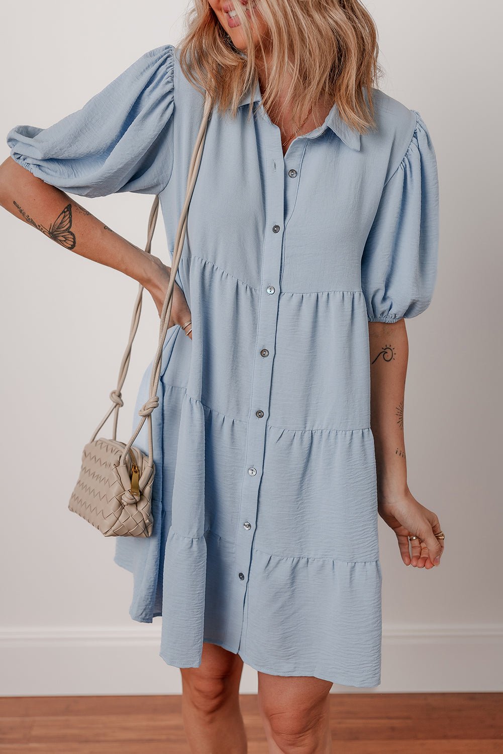 Beau Blue Shirt Collar Button Up Short Puff Sleeve Tiered Shift Dress - MAD RUFFI