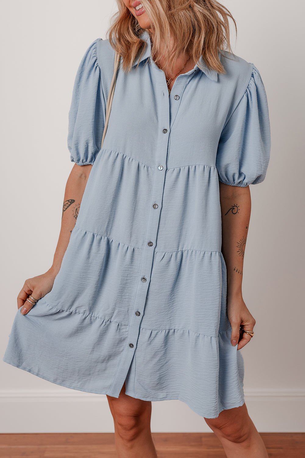 Beau Blue Shirt Collar Button Up Short Puff Sleeve Tiered Shift Dress - MAD RUFFI