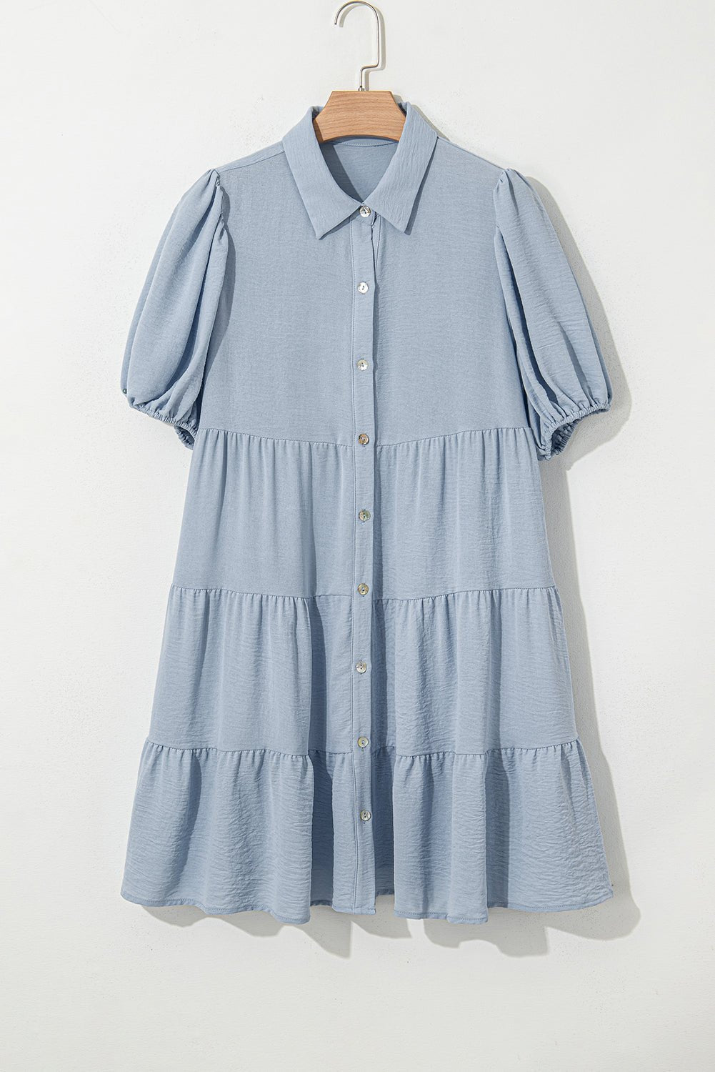 Beau Blue Shirt Collar Button Up Short Puff Sleeve Tiered Shift Dress - MAD RUFFI